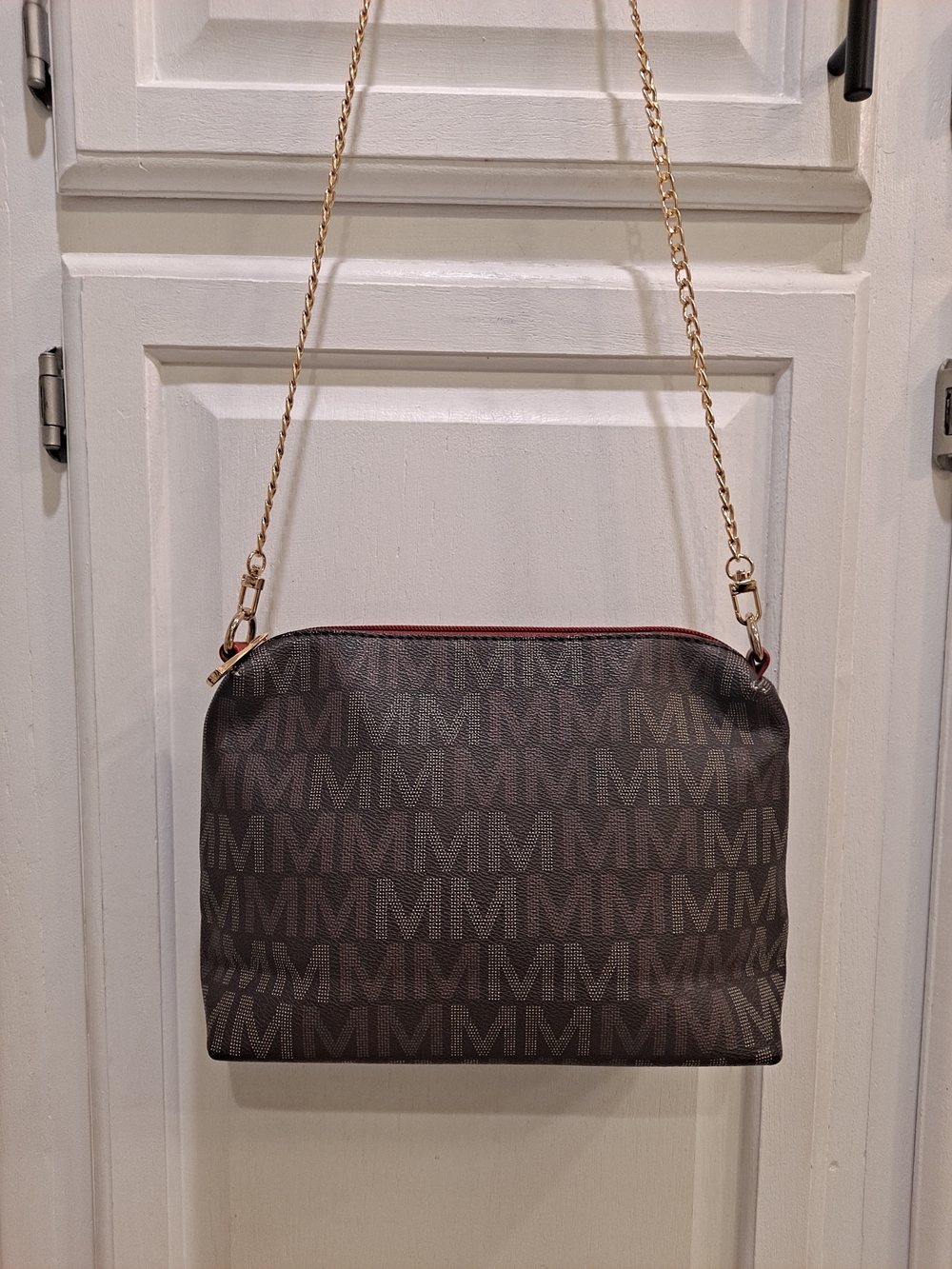 MKF Mia K Farrow Brown Tan "M' Monogram Crossbody Bag Red Trim Gold Chain Strap